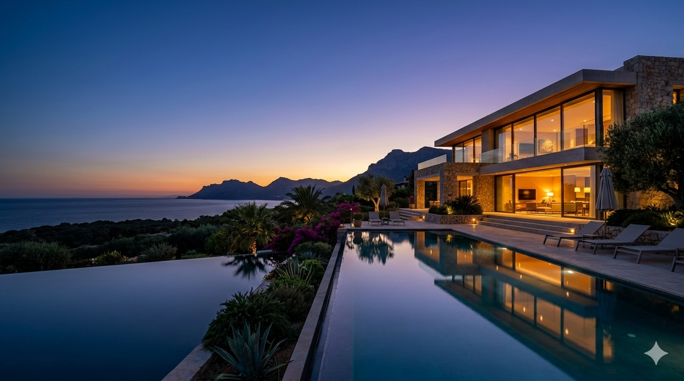Luxury oceanfront villa with infinity pool at sunset