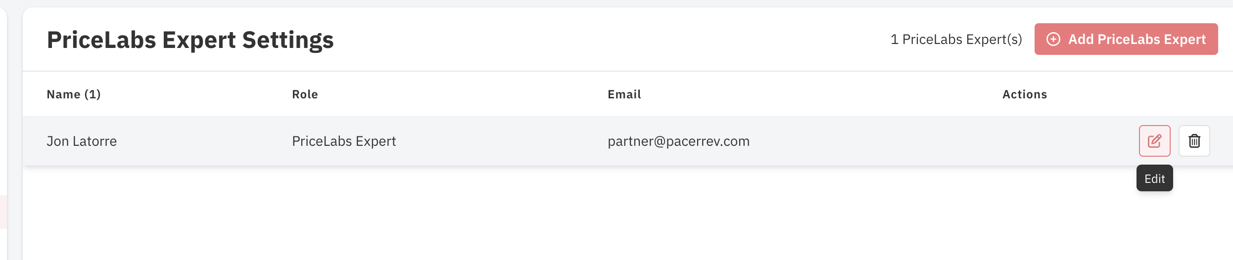 Expert list showing the new Pacer row with the Edit button