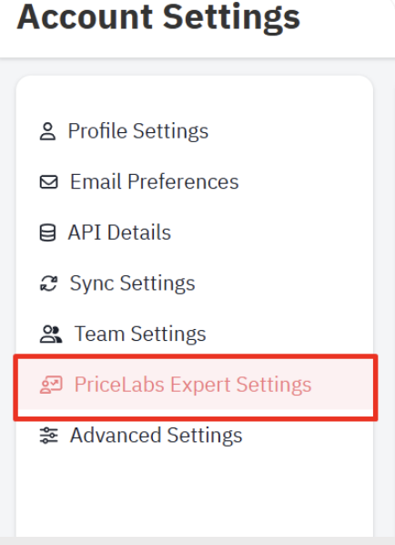 PriceLabs account settings menu showing the Expert Settings tab